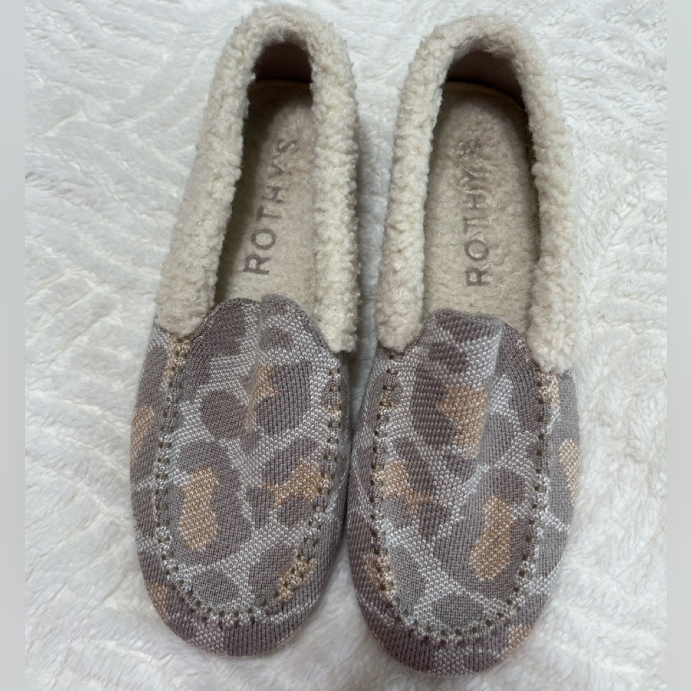 Rothy’s The Slipper Cozy Cat Leopard Sherpa Lined Flats Size 7 EUC Neutral